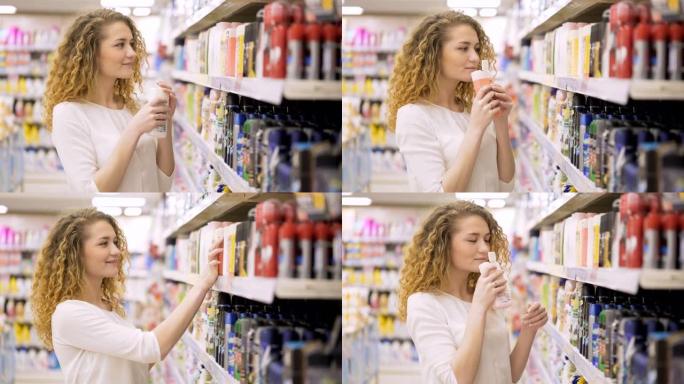 美女在超市寻找和购买化妆品。美丽的女性在购物中心选择身体护理产品。成人在商店购物。一个30多岁的自信
