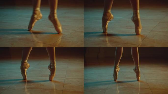 pointe的芭蕾舞演员脚的电影特写镜头