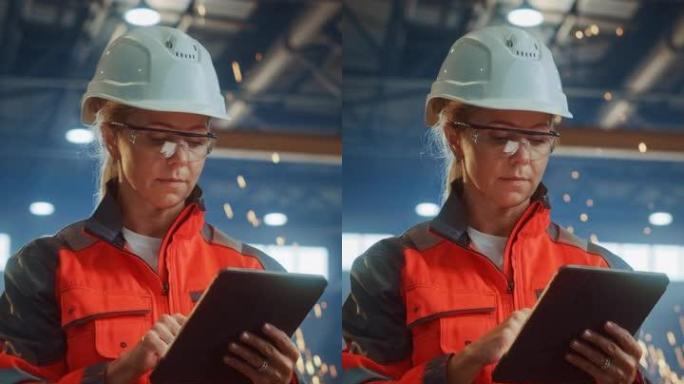 专业重工业工程师/穿着安全制服和安全帽的工人使用平板电脑。严重成功的女性工业专家站在金属建筑中。垂直