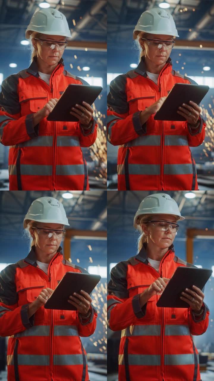 专业重工业工程师/穿着安全制服和安全帽的工人使用平板电脑。严重成功的女性工业专家站在金属建筑中。垂直