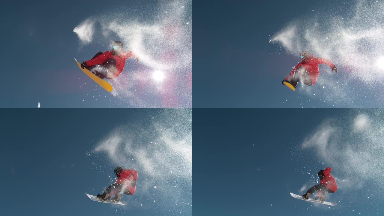 自下而上: 无所畏惧的男性滑雪者在骑踢脚时会旋转技巧