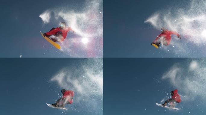 自下而上: 无所畏惧的男性滑雪者在骑踢脚时会旋转技巧