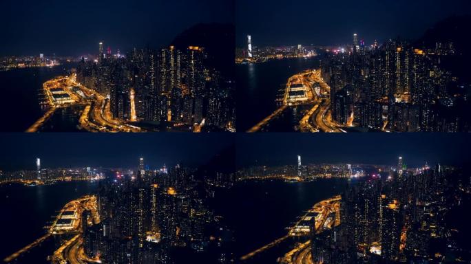 中国夜间香港天际线鸟瞰图