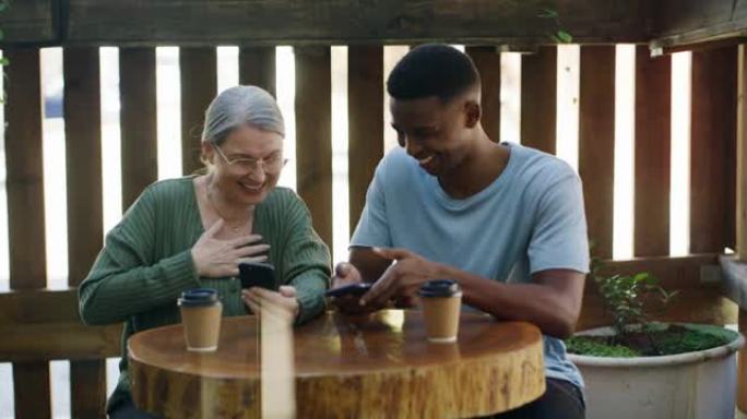 两名同事在喝咖啡时使用智能手机的4k视频片段