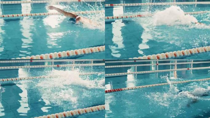 男子游泳运动员跳水和在奥林匹克游泳池游泳。专业运动员在锦标赛上表演，使用蝶式。决心取胜。电影特写前置