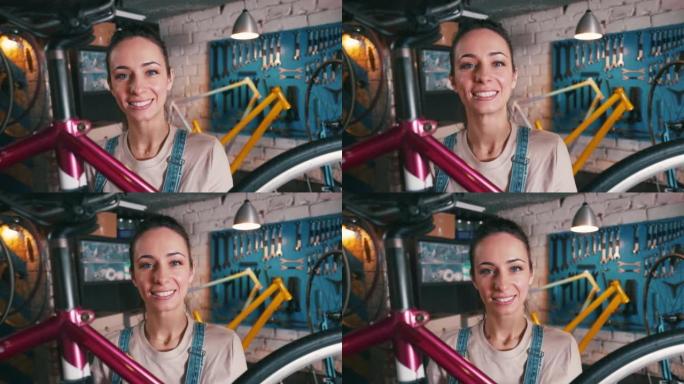 一位敬业工作的女自行车机械师的肖像。