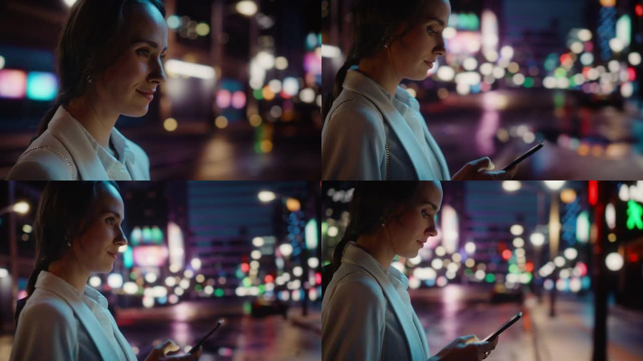 美丽的年轻女子使用智能手机走过充满霓虹灯的夜晚城市街道。使用手机的华丽微笑女性肖像。侧面轮廓视图跟踪
