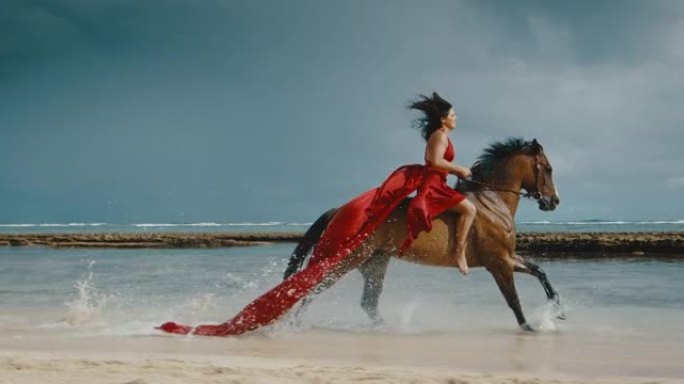 穿着红色连衣裙的女子骑马
