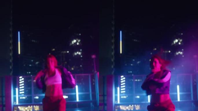 垂直屏幕: 一位穿着休闲运动服的职业年轻成年女性的肖像，在夜晚有摩天大楼的城市中，在霓虹灯的城市街道
