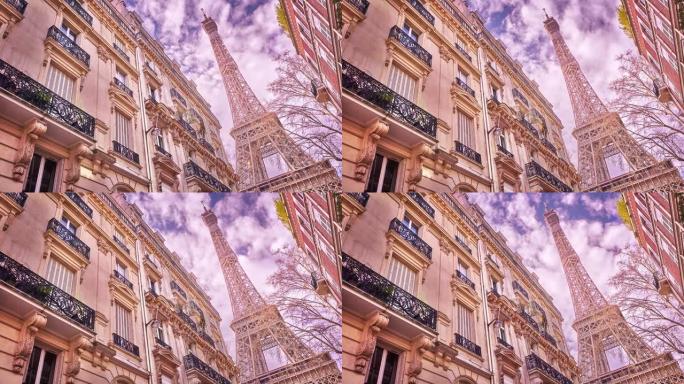 巴黎市。埃菲尔铁塔。宏伟的建筑。住宅楼。云。