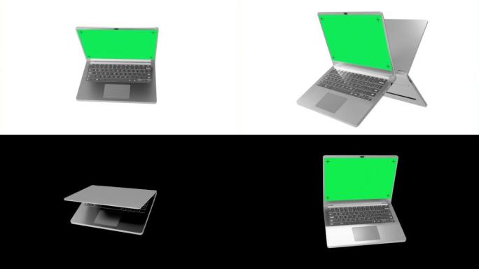 两台白色背景绿屏的银色笔记本电脑