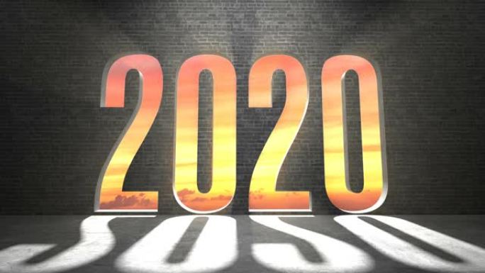 墙倒塌，出现 “2020” 字母。日落背景，4k动画。