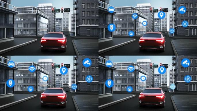 物联网汽车连接交通信息图形图标控制系统，无人车自动驾驶物联网。4k动画。