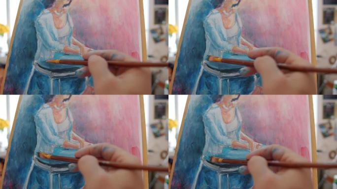 艺术课上女人的彩绘肖像脏手特写
