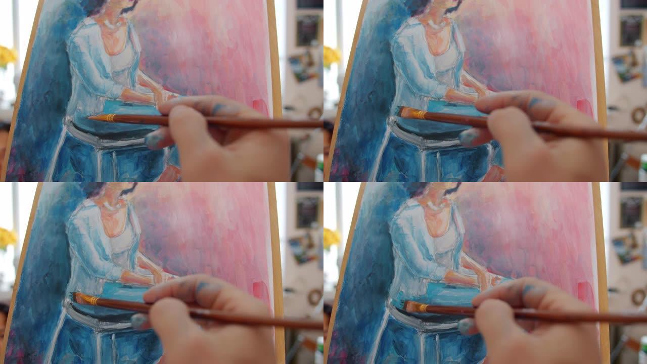 艺术课上女人的彩绘肖像脏手特写