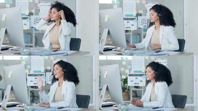 女性在办公室工作时在视频电话或会议上聊天，并在屏幕上挥手致意。商务女性在使用耳机与客户聊天时提供在线