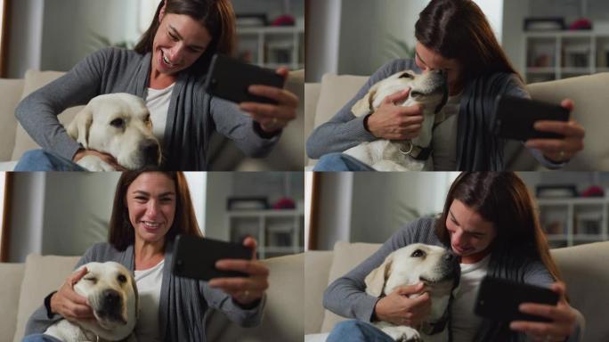年轻漂亮的女人坐在沙发上，一边拥抱她的狗，一边用智能手机进行视频通话。女性与朋友和家人交谈，挥手致意