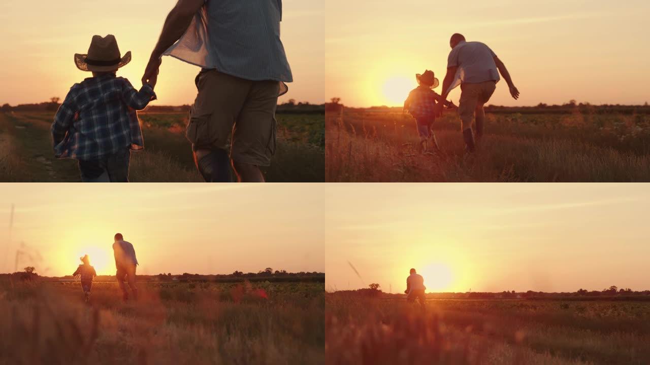 SLO MO父子在日落时分在田野里度过了愉快的时光