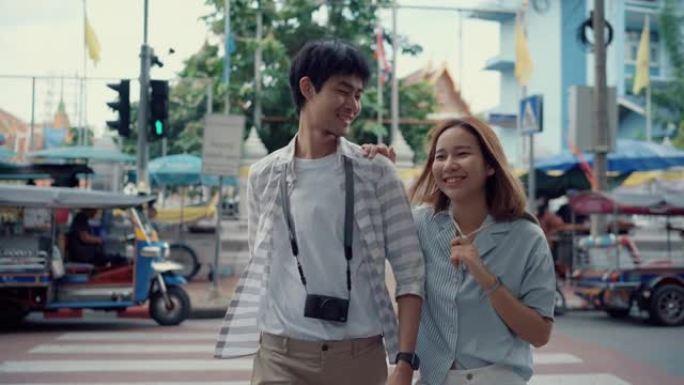 幸福的夫妇在泰国一起散步和旅行