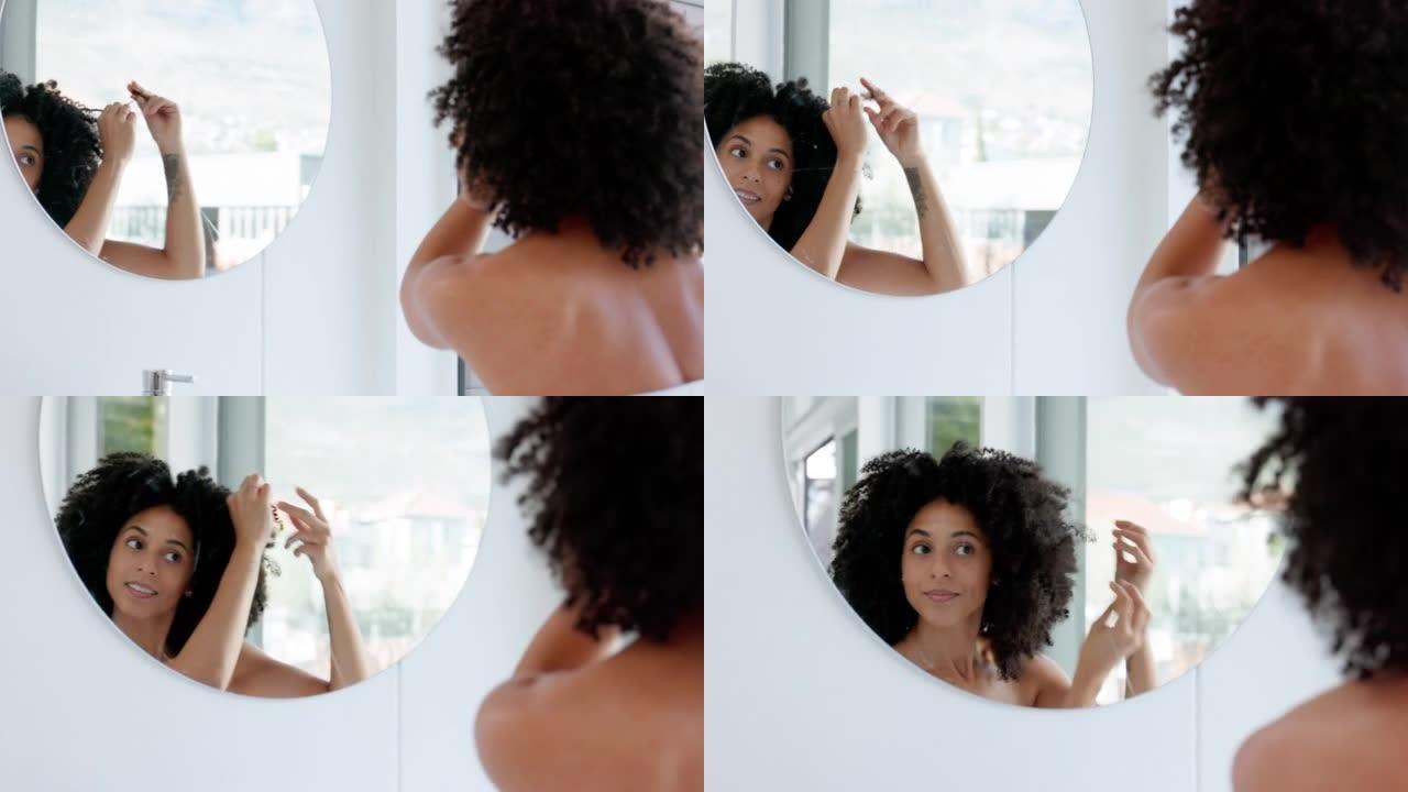 头发，头发护理和黑人妇女与非洲在浴室的镜子清洁后或清洗后用洗发水产品。快乐、美丽和非洲女孩喜欢在日常