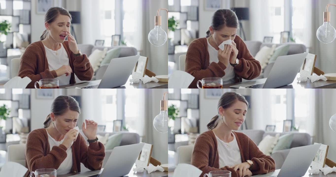 4k视频片段，一名年轻女子在家工作时吹鼻子