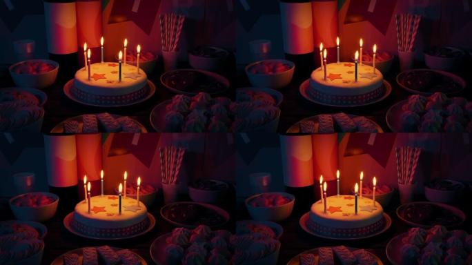 黑暗房间里有蜡烛的生日蛋糕