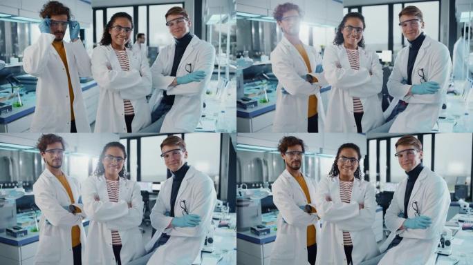 医学实验室由三名年轻成功的科学家组成。美丽的黑人女性，英俊的拉丁人和高加索男性科学家看着相机微笑。中
