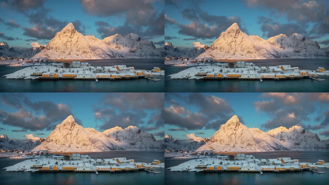 冬季时挪威罗弗滕群岛上的sakris ø y村