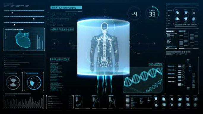 数字显示扫描人体骨骼结构，UI，扫描骨骼系统，未来医疗技术。4k。