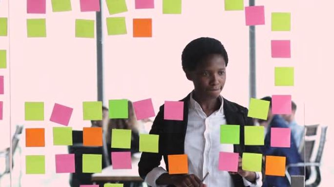 35s非洲妇女制定新项目的战略，写在便签上