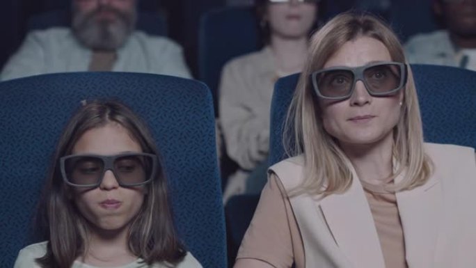 电影院里戴3D眼镜的妈妈和女孩