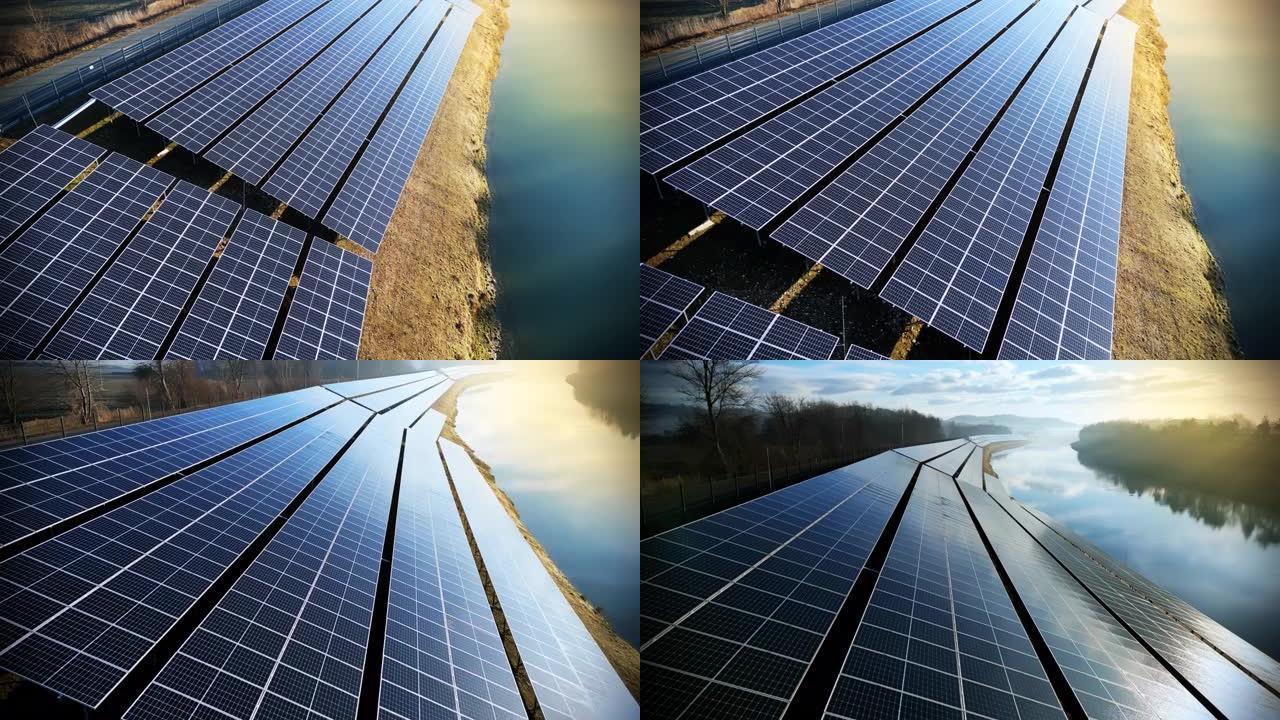 日出时河边的光伏电站的无人机太阳能电池板