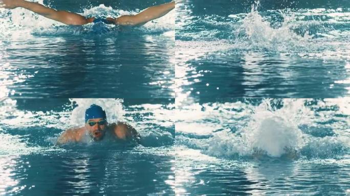 成功的男子游泳运动员在游泳池比赛。职业运动员决心用蝶式赢得冠军。彩色电影镜头。前视图肖像慢动作