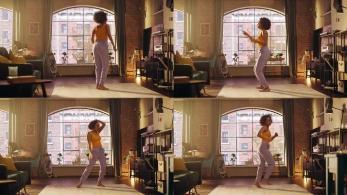 不同的多民族年轻黑人女性穿着休闲服跳舞，在阁楼公寓里玩得开心的肖像。为社交媒体录制有趣的病毒视频。