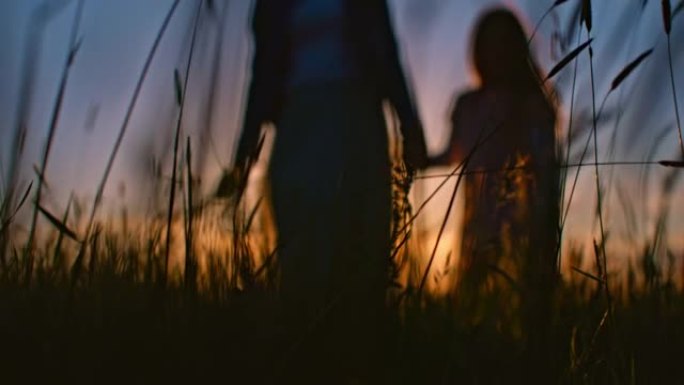 日落时在草地上散步时，SLO MO母女牵着手