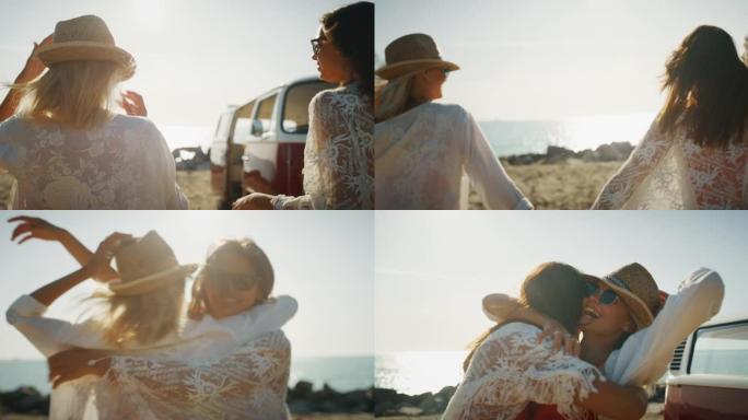 年轻快乐无忧无虑的女朋友的慢动作在一起玩得开心，在阳光明媚的日子里，在海边享受假期的开始。