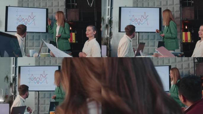 女首席执行官在电视屏幕上的市场营销图表上指向桌面慢动作合作伙伴的领导办公室会议演示。