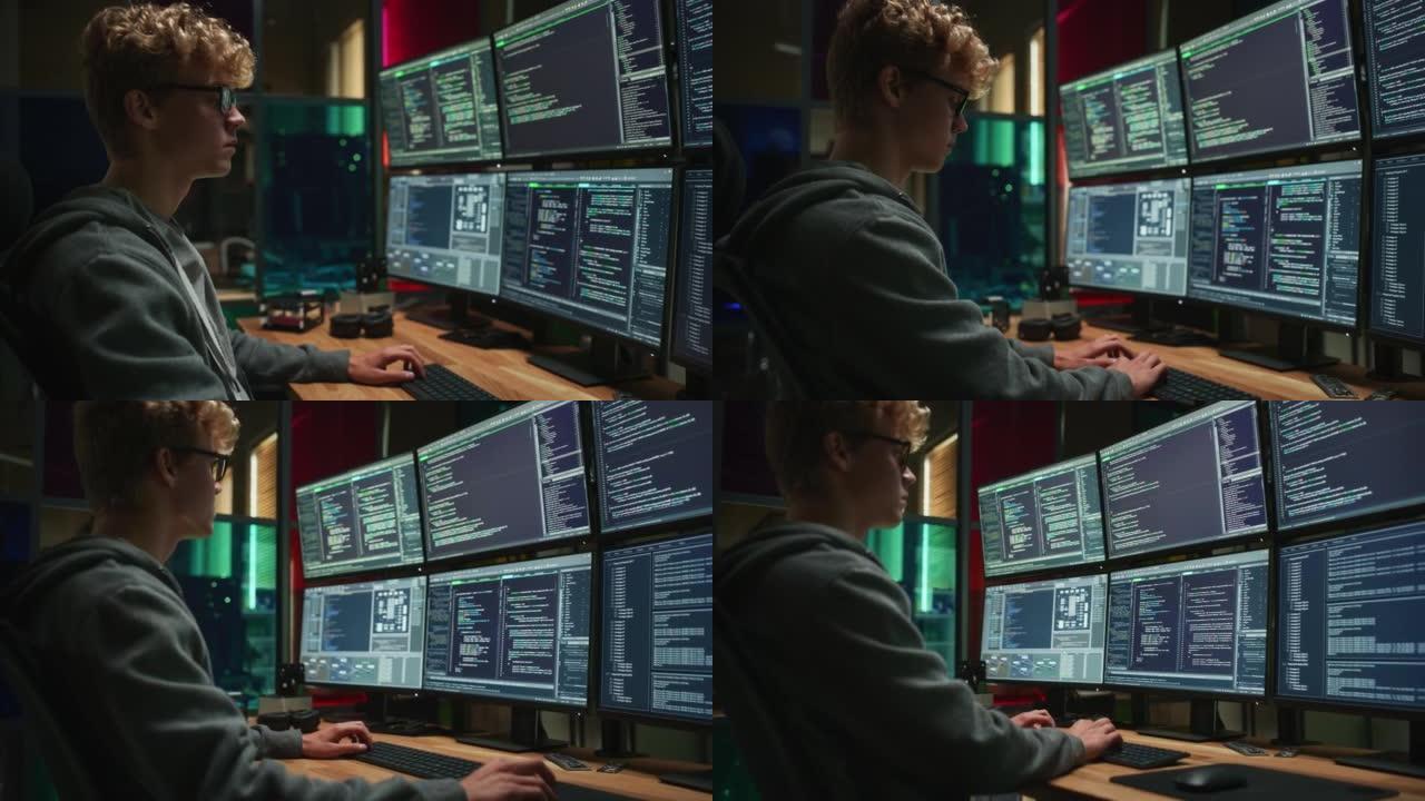 男性网络安全实习生在台式电脑上编写代码，办公室安装了专业的六台显示器。年轻的高加索人监视数据公司的数