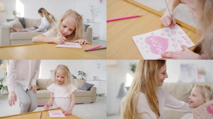 可爱女孩为快乐母亲制作母亲节卡片的顺序