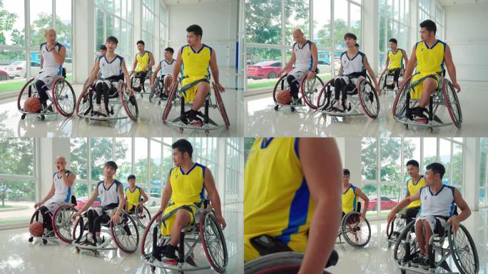 坐在轮椅上的篮球运动员和他的队友在运动场上。