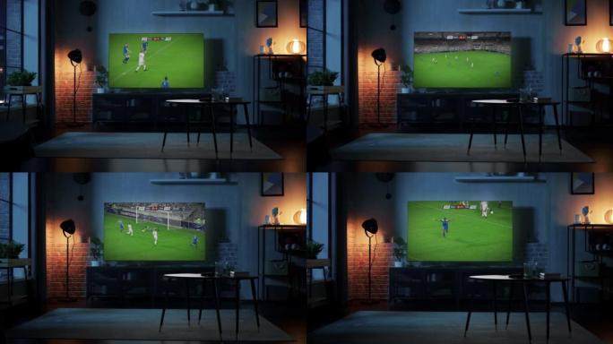 晚上，在空荡荡的公寓里，电视机显示足球锦标赛决赛，两支最好的球队竞争。传球比赛前锋击球并进球后，运动