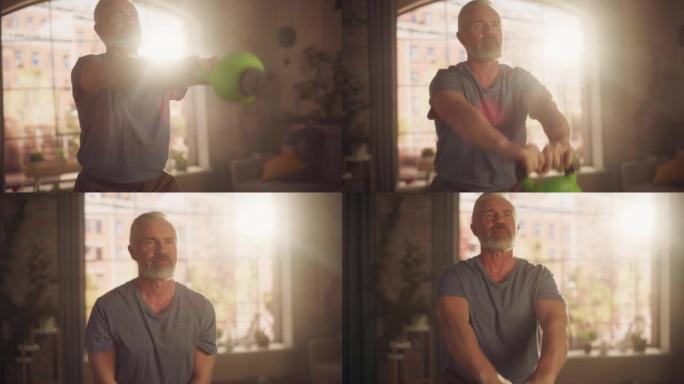 一个健壮的高级男子举起和摆动沉重的壶铃的肖像，在阳光公寓的家中进行晨练时进行核心强化练习。健康和健身