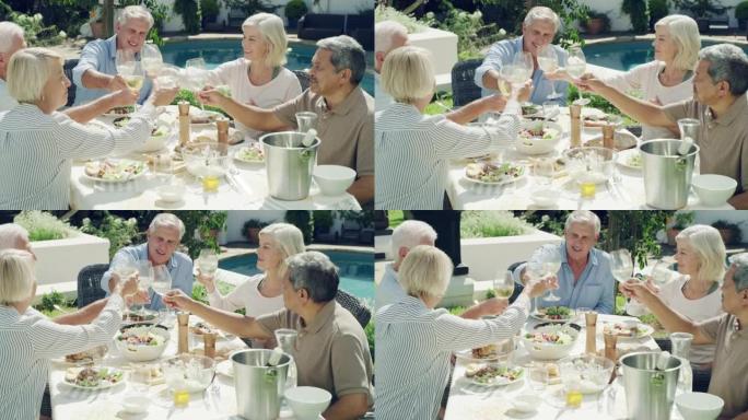 一群朋友在户外午餐期间享用葡萄酒的4k视频片段
