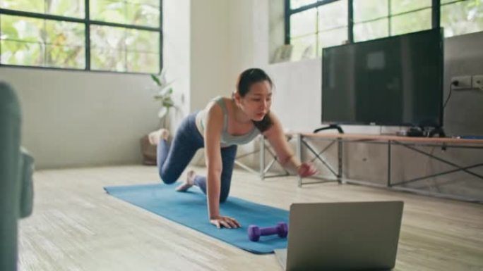 穿着运动服的年轻健身女性练习在家里的客厅用笔记本电脑为初学者做锻炼