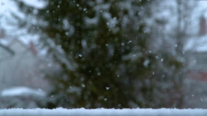 慢动作，时间扭曲: 覆盖院子的微小雪花的电影镜头。