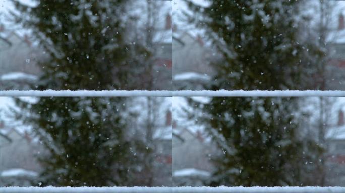 慢动作，时间扭曲: 覆盖院子的微小雪花的电影镜头。