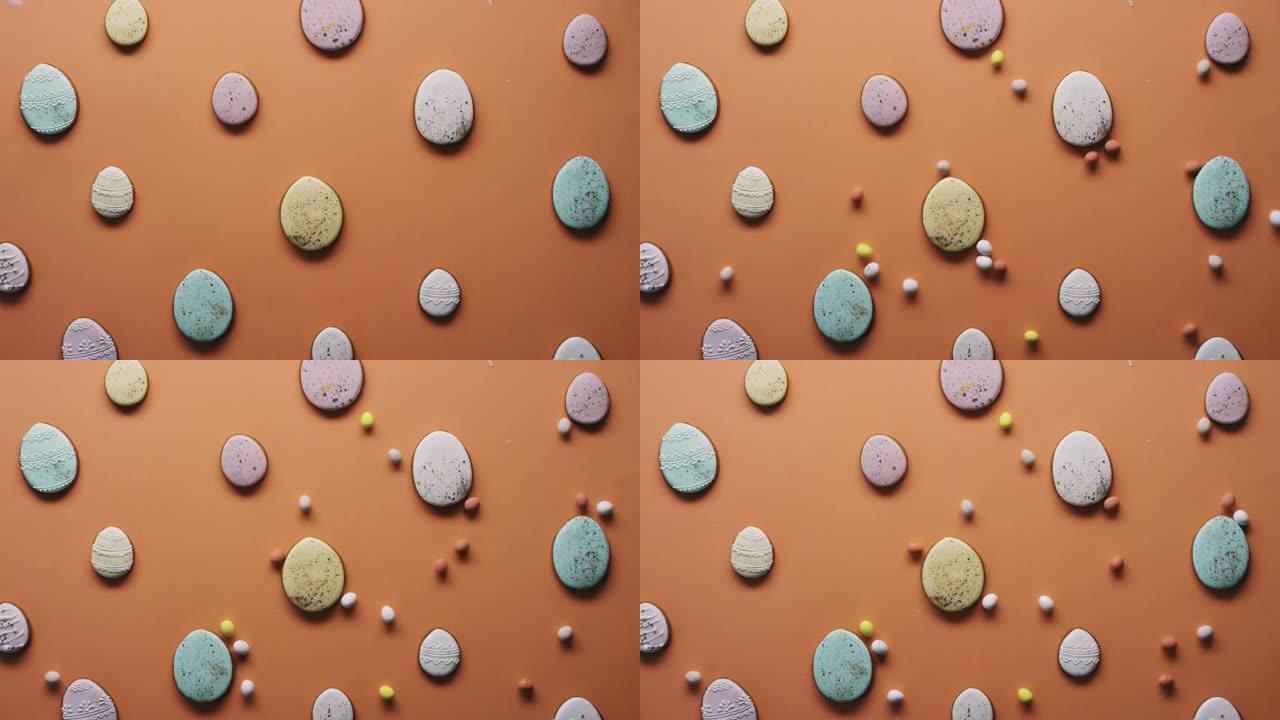 复活节饼干和鹌鹑蛋糖果的俯视图