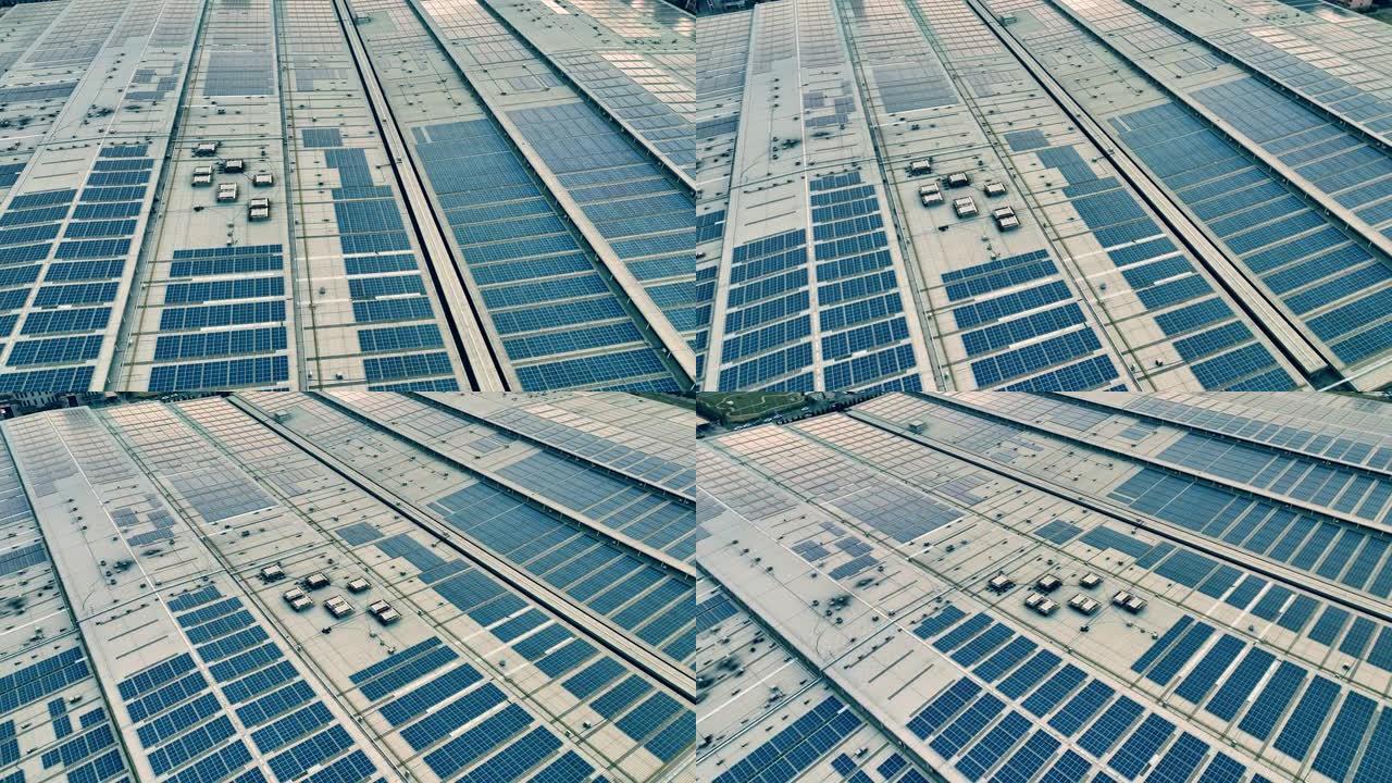 工厂屋顶上的太阳能鸟瞰图