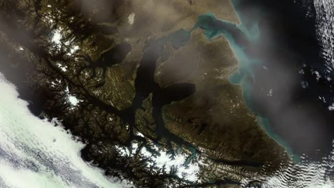 洛斯冰川国家公园、托雷斯德尔潘恩国家公园和南美洲南部巴塔哥尼亚冰原，从太空看，卫星景观。