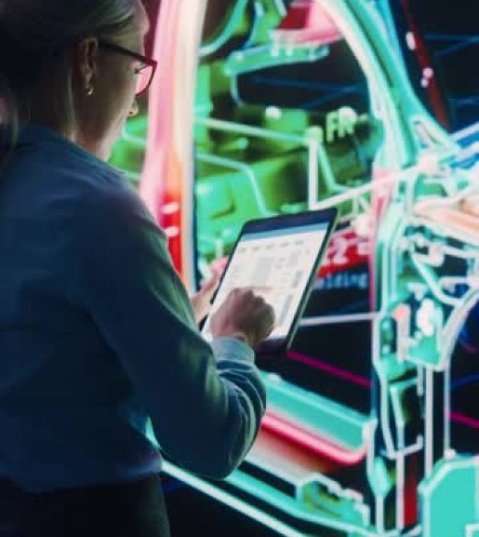 垂直屏幕。创新的绿色能源初创公司: 女工程师使用平板电脑和大屏幕分析原型设计电动汽车。可持续碳中性车